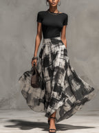 Black Chiffon Abstract Plaid Print Skirt And T-Shirt Set