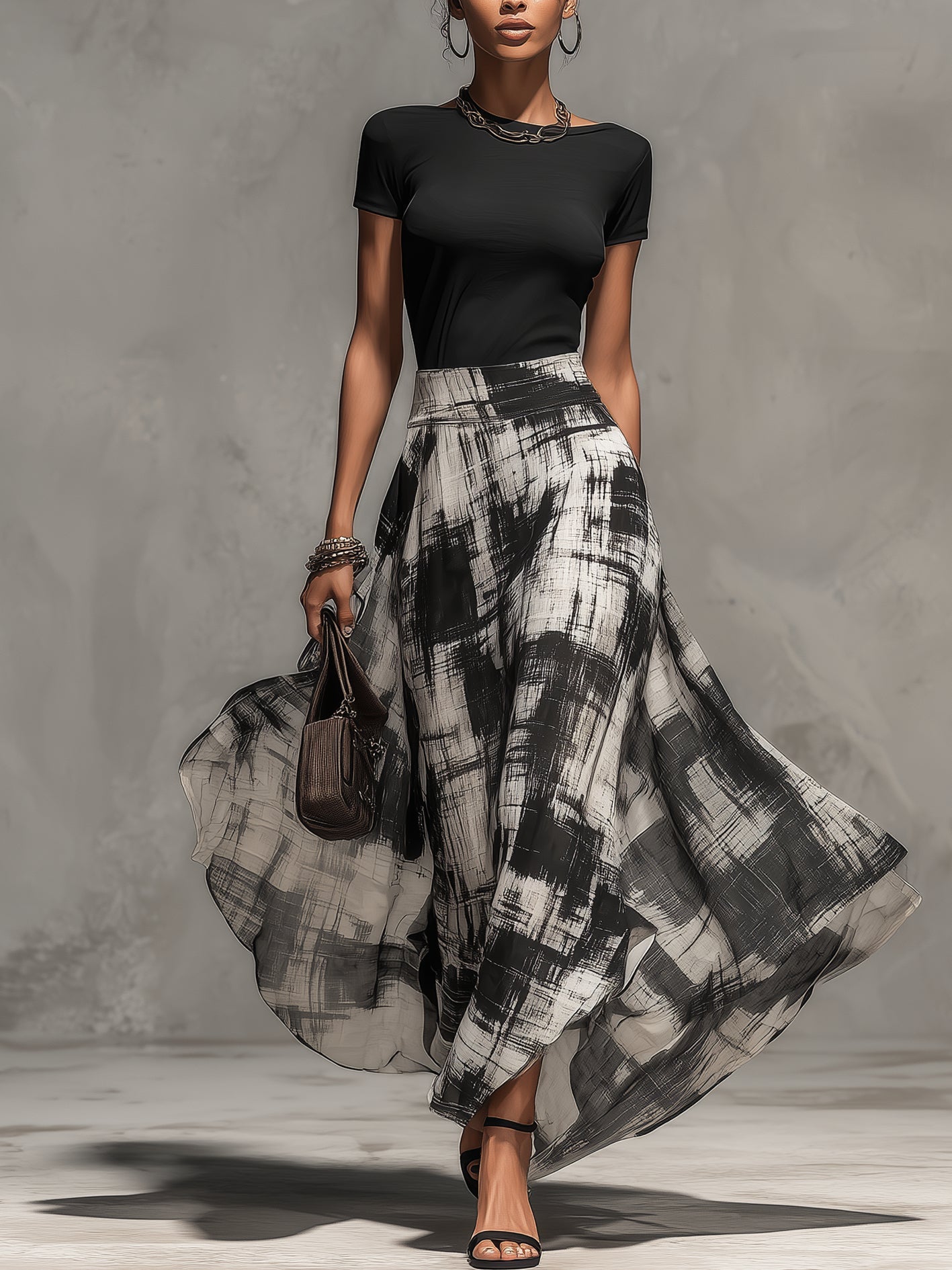 Black Chiffon Abstract Plaid Print Skirt And T-Shirt Set