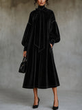 Velvet Midi Dress With Bow Detail And Lantern Sleeves - Black / XS(2) - Midi Dresses