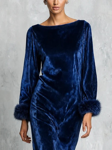 Navy Blue Velvet Boat Neck Midi Dress With Striking Faux Fur Cuffs