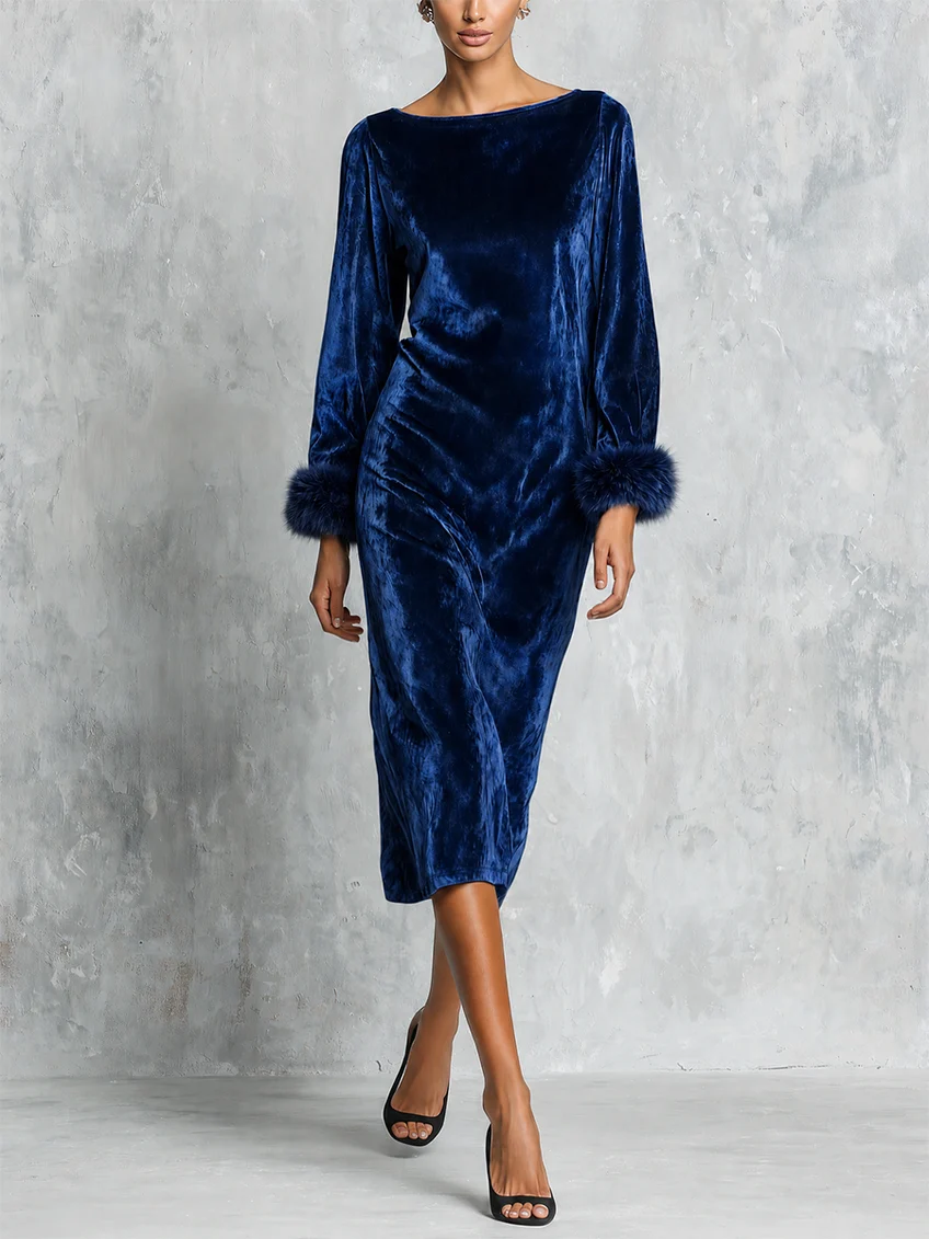 Navy Blue Velvet Boat Neck Midi Dress With Striking Faux Fur Cuffs