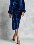 Navy Blue Velvet Boat Neck Midi Dress With Striking Faux Fur Cuffs