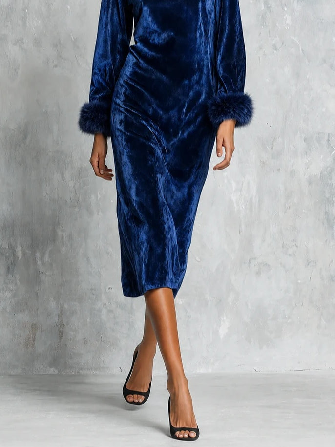 Navy Blue Velvet Boat Neck Midi Dress With Striking Faux Fur Cuffs