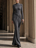 Dark Grey Ribbed Knit Mock Neck Long Sleeve Mermaid Twist‑Waist Maxi Dress