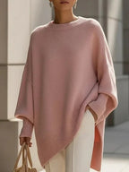 Women's Solid Beige Asymmetric Batwing Sleeve Knit Poncho Sweater