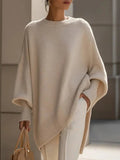 Women's Solid Beige Asymmetric Batwing Sleeve Knit Poncho Sweater