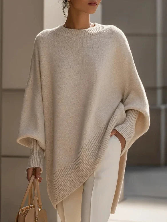 Women's Solid Beige Asymmetric Batwing Sleeve Knit Poncho Sweater