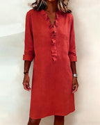 Ruffled V-Neck Solid Color Dress