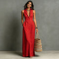 Women's Minimalist Linen-Blend Collared Single-Breasted Sleeveless Maxi Shirt Dress