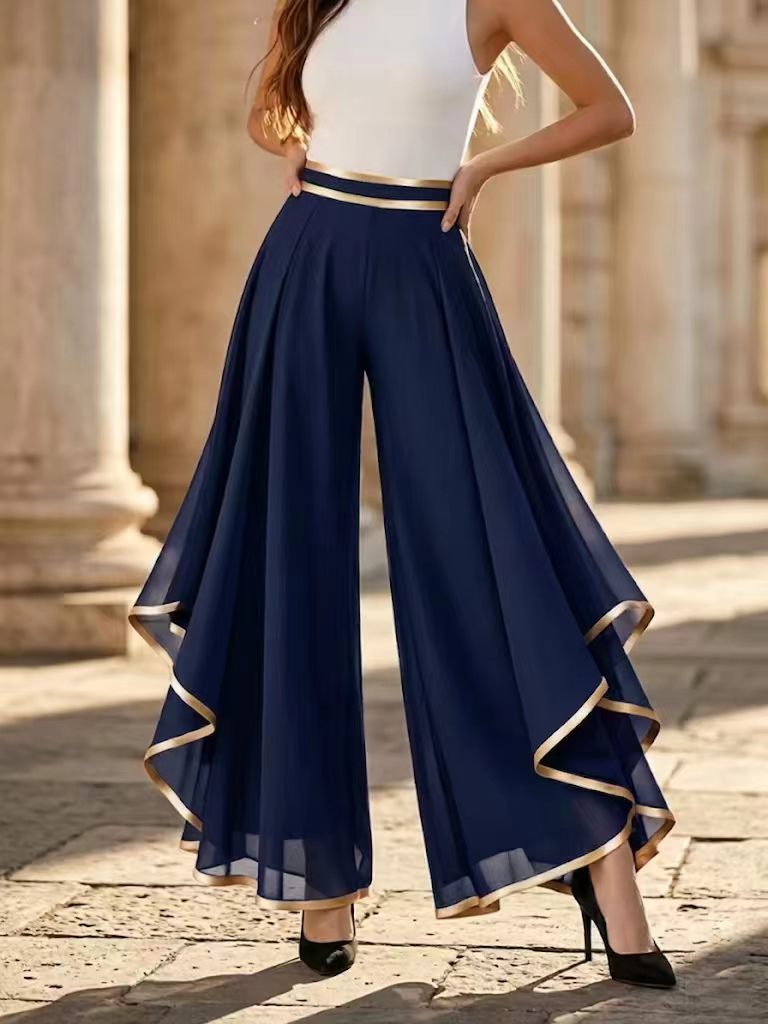 Elegant Gold Trim Wide Leg Chiffon Pants