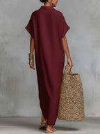 Women's Solid Color Collared Short-sleeved Casual Loose Linen Dress