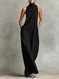 Sleeveless High Neck Linen Maxi Shift Dress