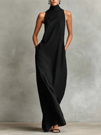 Sleeveless High Neck Linen Maxi Shift Dress