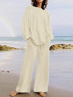 Solid Color Loose Long Sleeves Round-Neck Shirts Top + Drawstring Pants Bottom Two Pieces Set