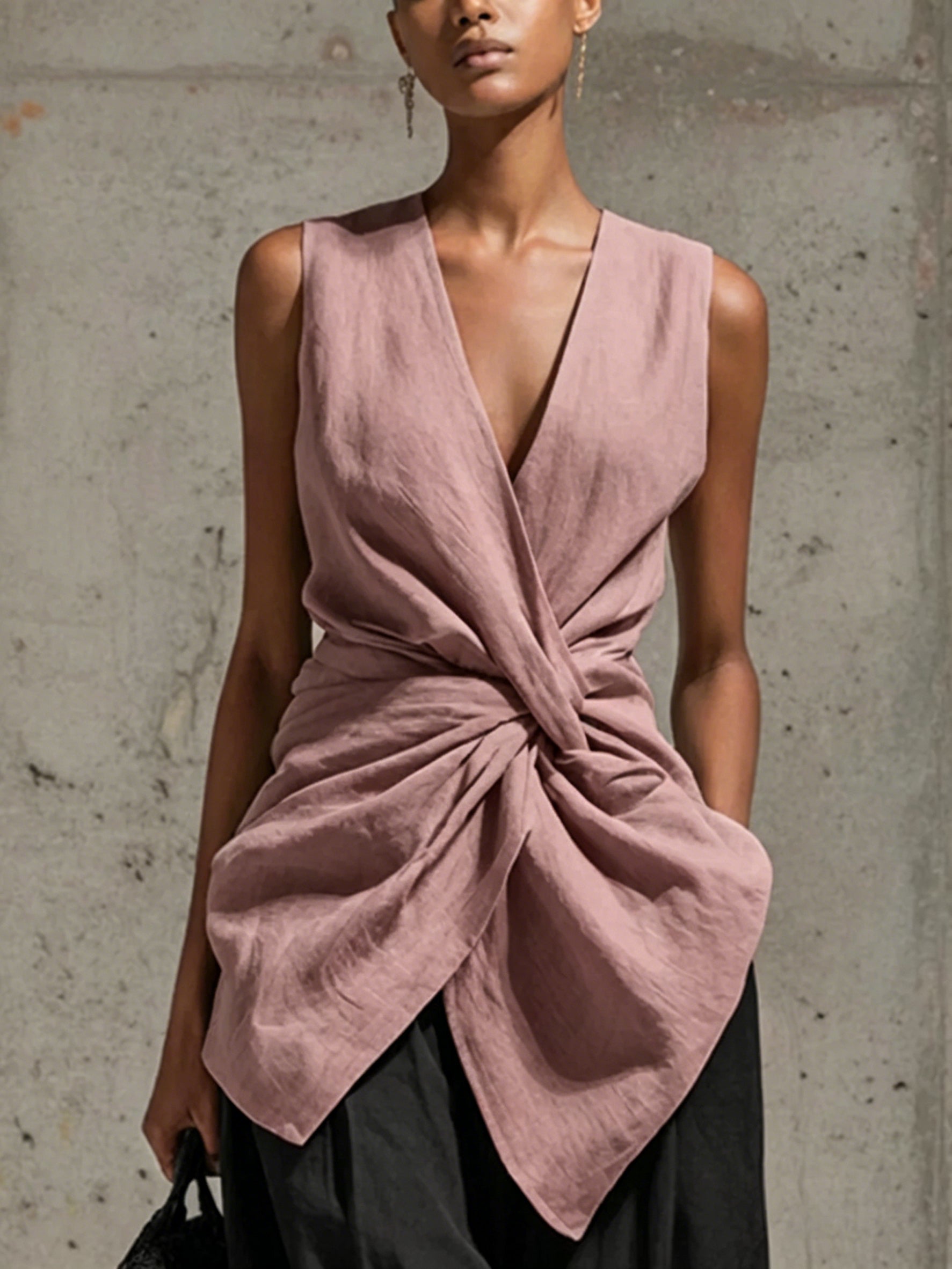 Twisted-waist V-neck Sleeveless Draped Top