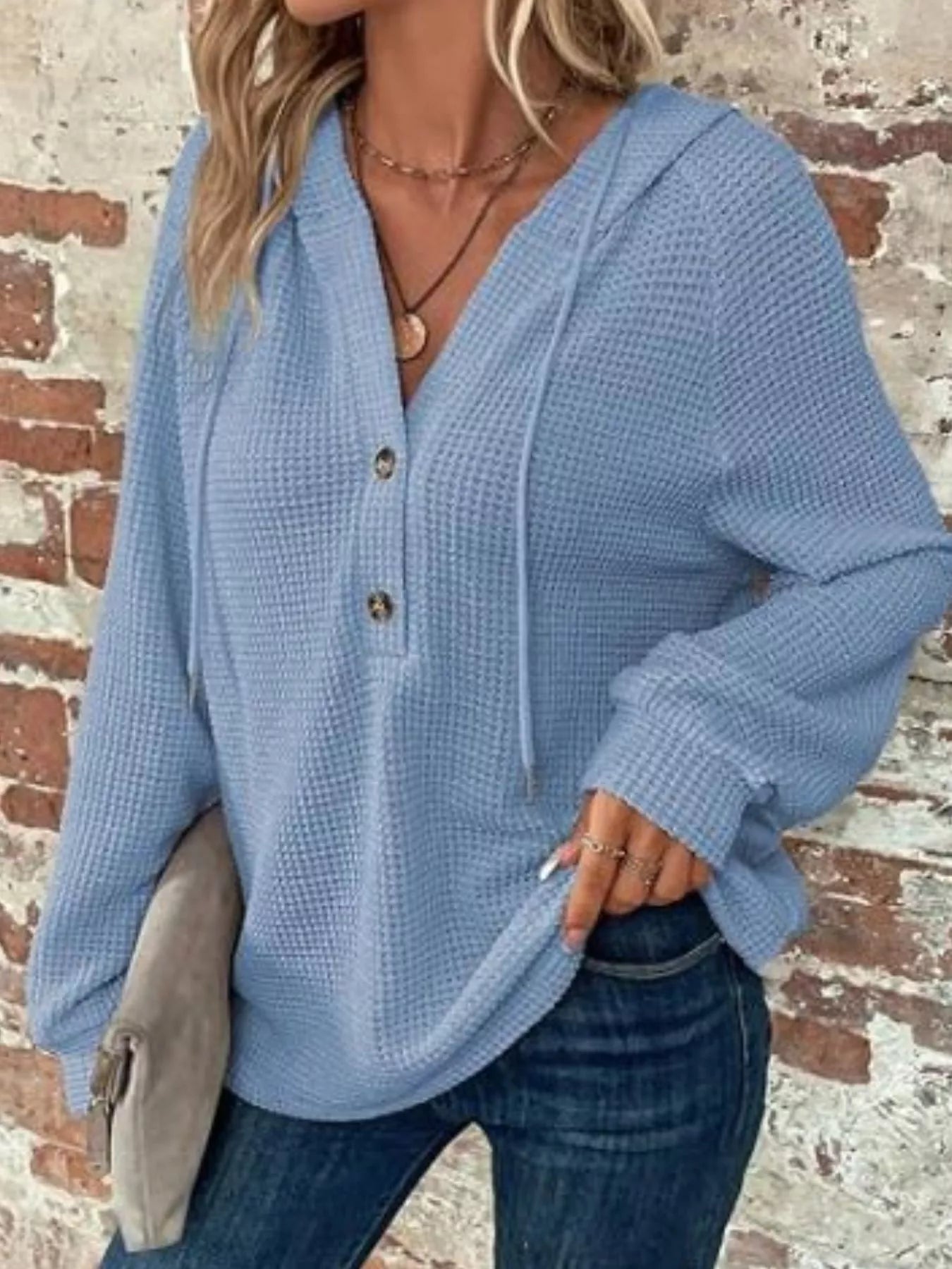 Waffle Knit Button Detail Hoodie