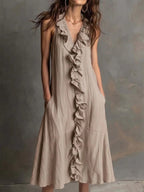 🌿 Ruffle V-Neck Sleeveless Midi Dress