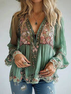 Floral Pattern V Neck Semi-Transparent Long Sleeve Blouse