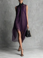 Sheer Mesh Sleeveless Tie Neck Asymmetrical Midi Dress