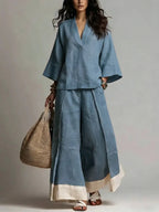 French V-Neck Three-Quarter Sleeve Shirt + Contrasting Color Wide-Leg Pants Suit For Women
