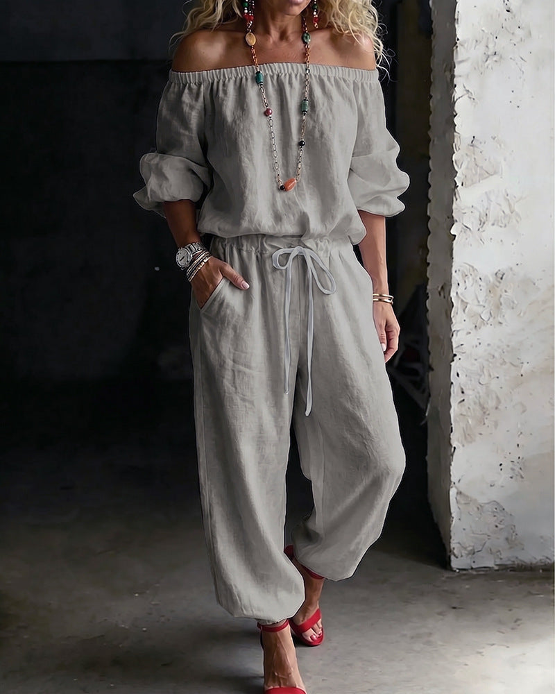 Sage Linen Off Shoulder Drawstring Waist Jogger Jumpsuit