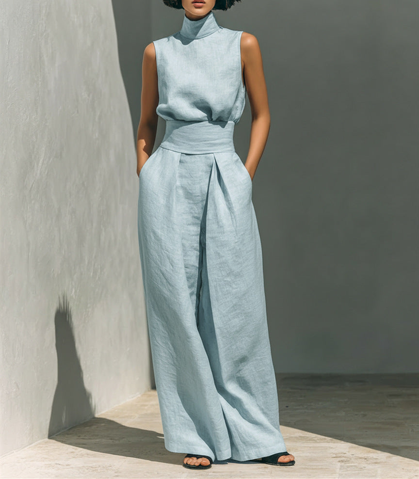 Women'S Sleeveless Turtleneck Top & High‑Waist Wide‑Leg Pants Two‑Piece Set