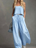 Solid Color Casual Cotton And Linen Suspender Tops Wide-Leg Pants Suit