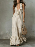 Loose Casual Deep V Ruffled Sleeveless Long Skirt Dress