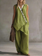 Bohemian V-Neck Irregular Button Vest Wide-Leg Pants Casual Suit