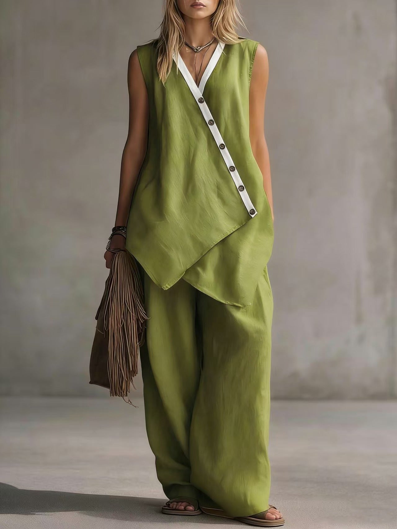 Bohemian V-Neck Irregular Button Vest Wide-Leg Pants Casual Suit