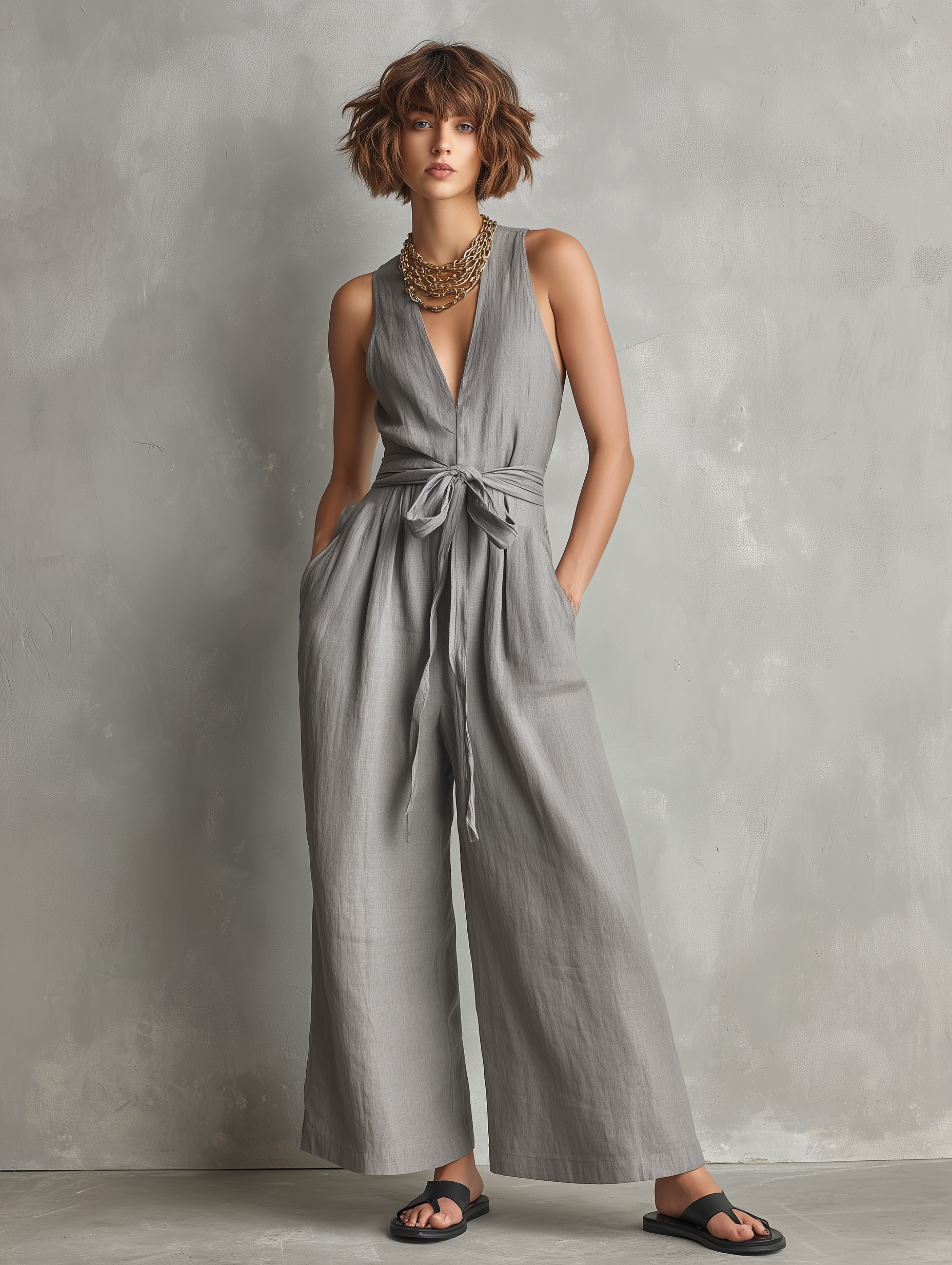 Women's Minimalist Linen-Blend Zippered V-Neck Sleeveless Belted Jumpsuit