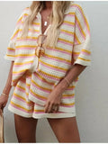 Colorful Striped Button Up Top and Shorts Sweater Set