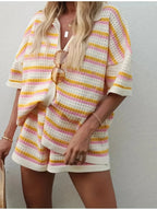 Colorful Striped Button Up Top and Shorts Sweater Set