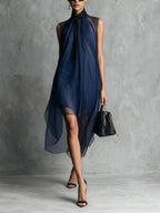 Sheer Mesh Sleeveless Tie Neck Asymmetrical Midi Dress