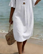 Button Ruffle Sleeve 100% Cotton Dress
