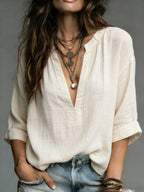 Textured Linen Blend Notch V Neck 3/4 Cuffed Sleeve Blouse