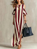 Vertical Stripe Cold Shoulder Split Maxi Shift Dress