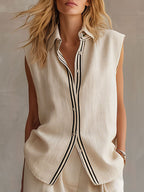 Casual Retro Apricot Cotton Linen Sleeveless Striped Shirt And Shorts Set