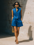 Linen Stand Collar Sleeveless Vest & Elastic Waist Shorts 2 Piece Co-Ord Set