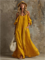Cold Shoulder Puff Sleeve Pocketed Flowy White Maxi Caftan Dress