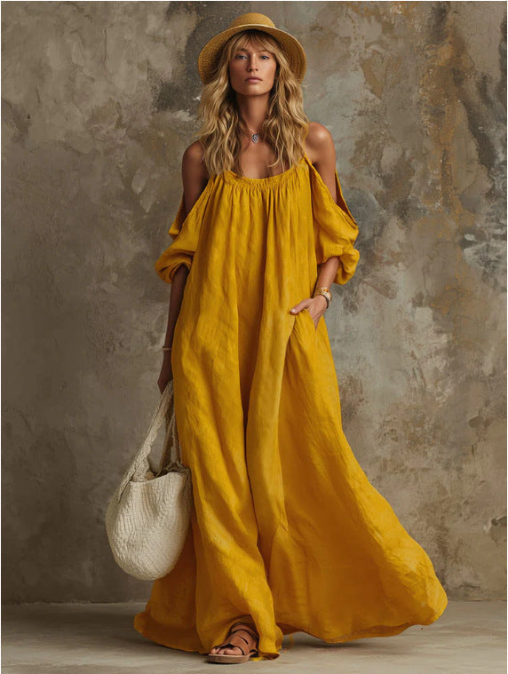 Cold Shoulder Puff Sleeve Pocketed Flowy White Maxi Caftan Dress