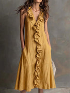 🌿 Ruffle V-Neck Sleeveless Midi Dress