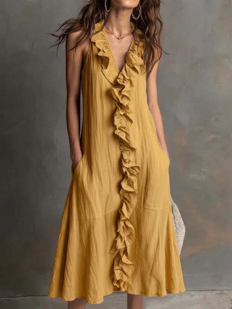 🌿 Ruffle V-Neck Sleeveless Midi Dress