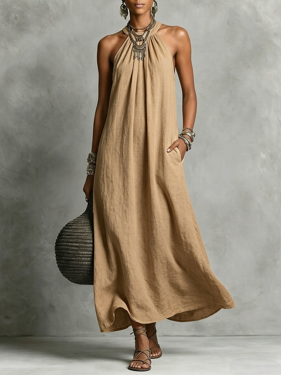 Women's Round-neck Halter Sleeveless Cotton-linen Dress