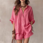 Oversized Linen Blend Button-Down Shirt & Shorts Set | Casual Breathable Two-Piece Outfit for Women