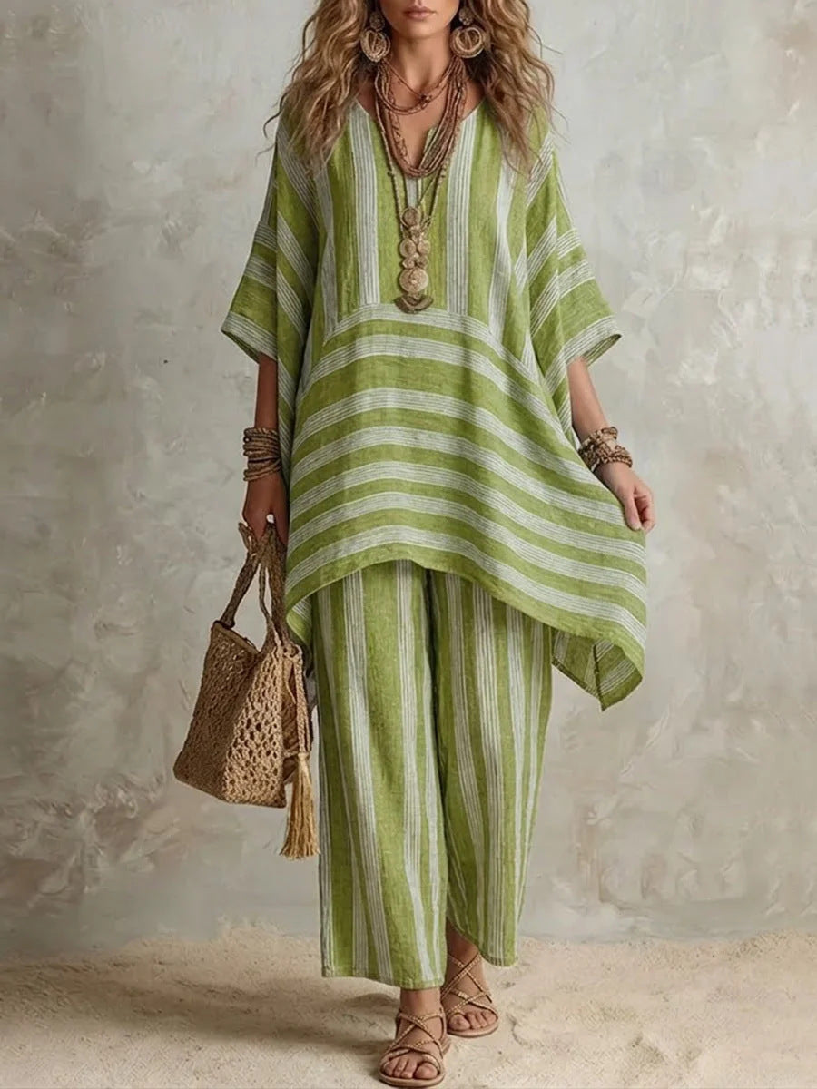 V-Neck Loose Striped Casual Two-Piece Suit
