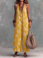 Women's Yellow Boho Floral Halter Wide-Leg Jumpsuit