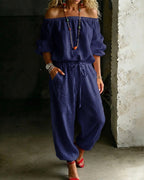 Sage Linen Off Shoulder Drawstring Waist Jogger Jumpsuit