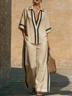 Fashionable Color-Block Two-Piece Set: Casual Short-Sleeve Shirt and Wide-Leg Pants