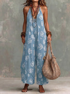 Women's Yellow Boho Floral Halter Wide-Leg Jumpsuit